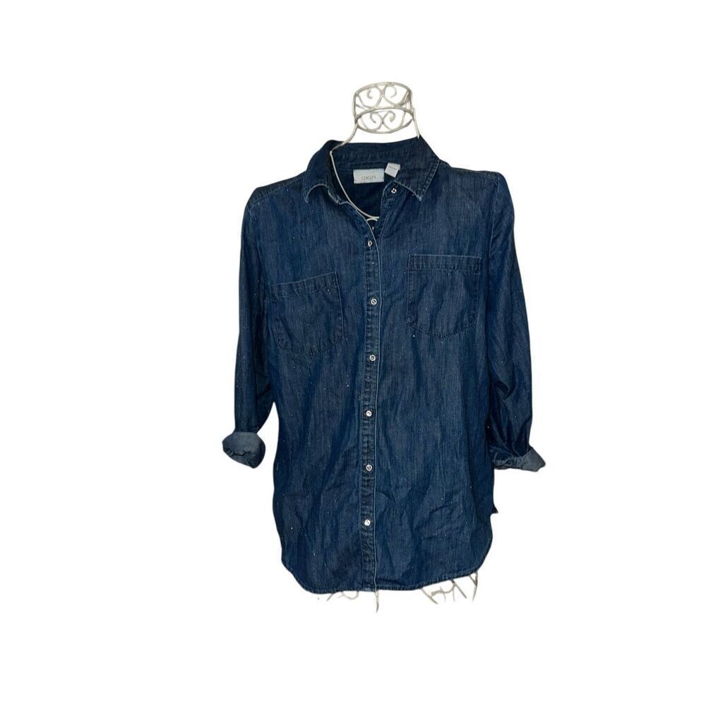 Beautiful Chicos Womens Blue Jean Denim Button Shirt Metallic Silver Sparkle but
